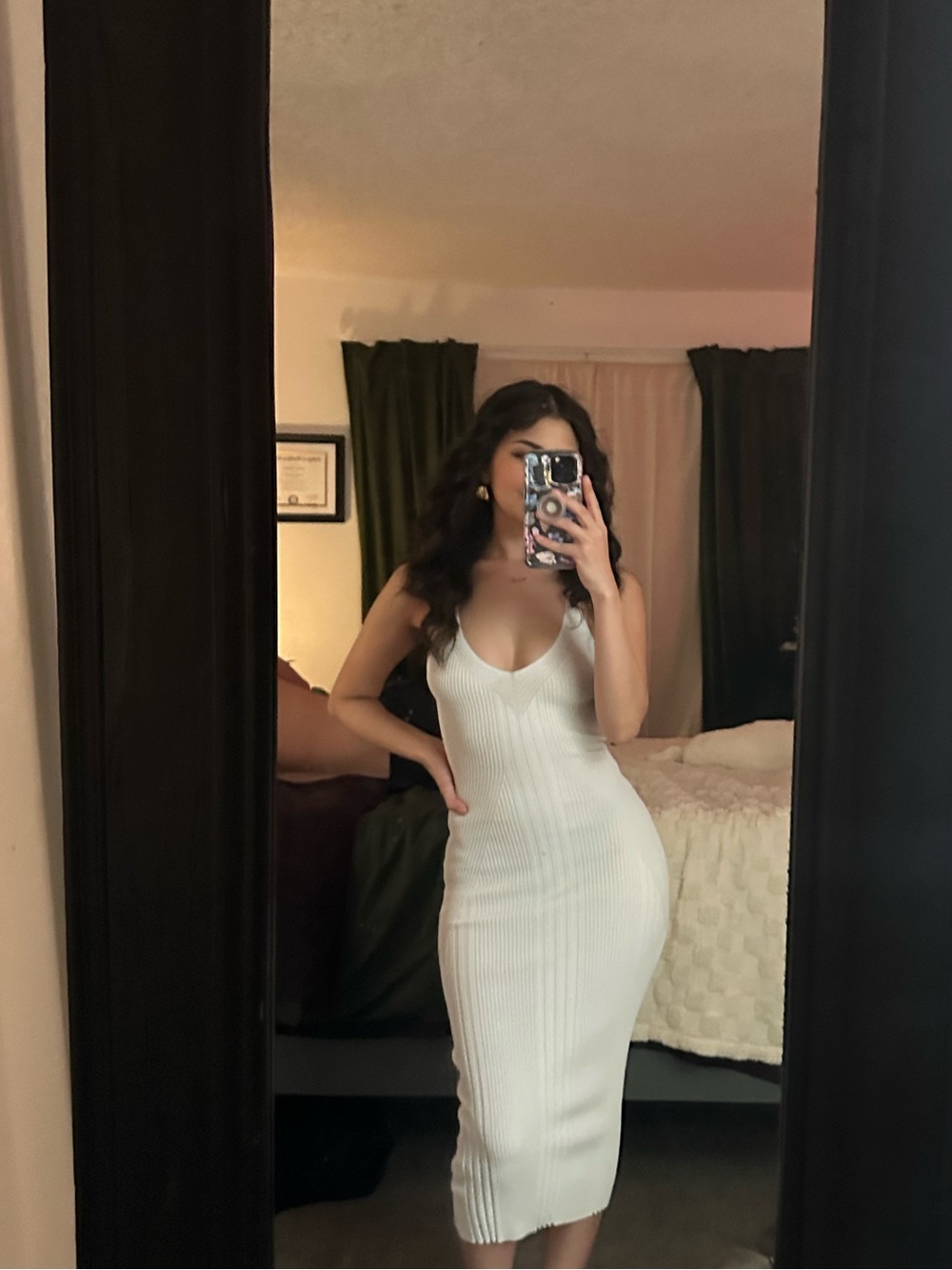 SMALL Elegant White Ribbed Midi Dress Scoop Neck - Picture 2 of 7